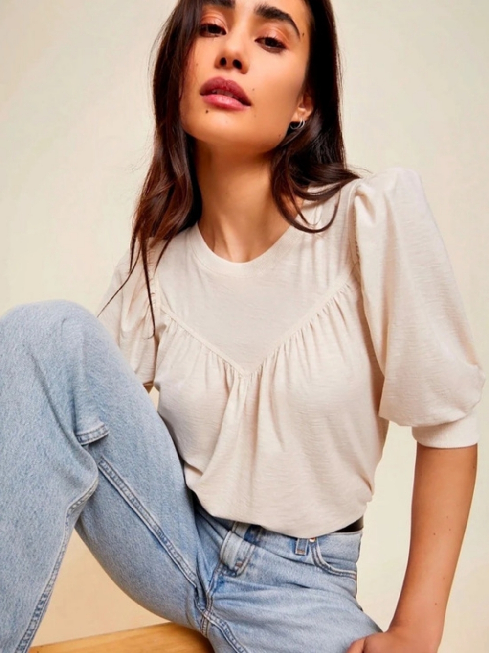 Nation Ltd. Feminine Yoked Journey Tee Tshirt Pima Cotton Puff sleeves Cream L
